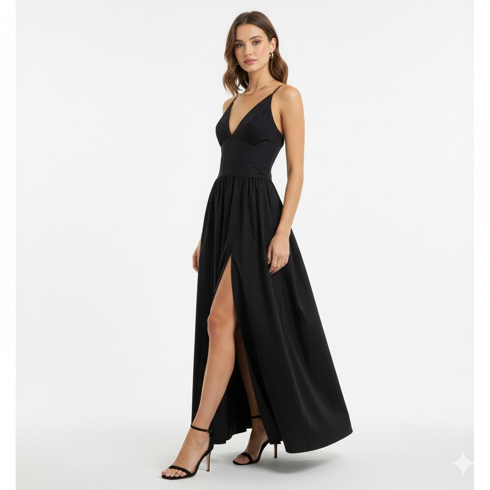 Fashion Nova NovaLuxe Paycie Black Poplin‎ Maxi Dress Size Small Deep-V NWT